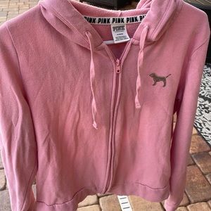 PINK Victoria’s Secret Long Sleeve Barbie Pink Sweater Hoodie Jacket Sz M EUC